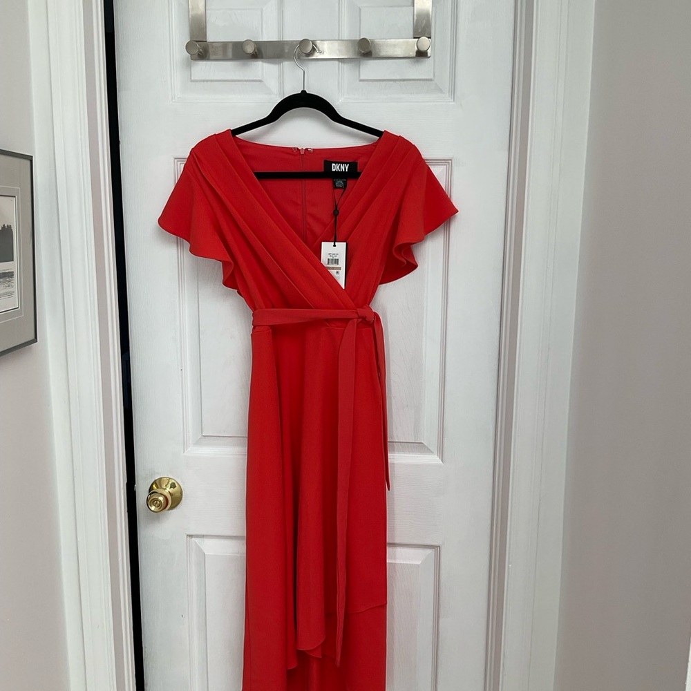 NWT DKNY Red High Low Flutter Sleeve Sundress